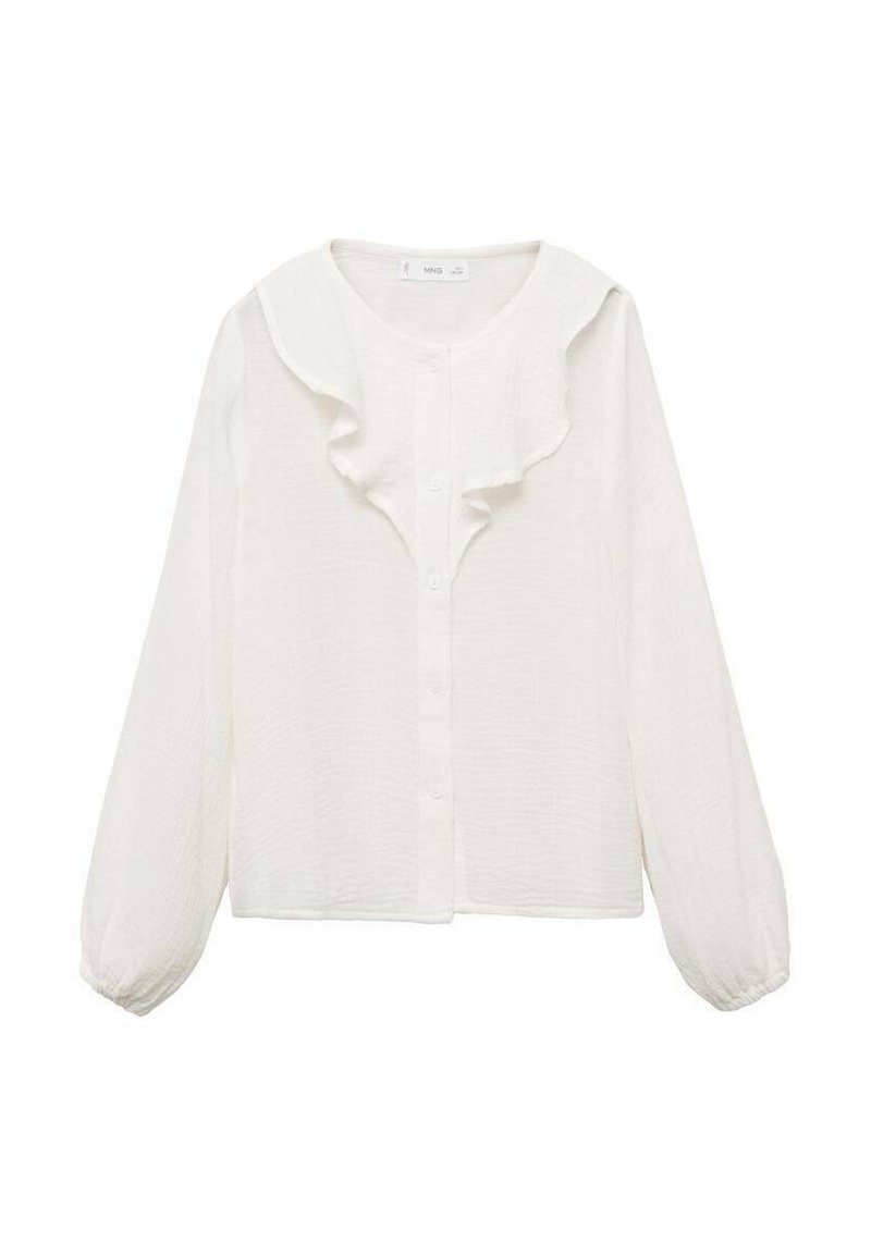Weiße Bluse mit langen Ärmeln, Knopfleiste und Rüschendetail am Kragen, aus leichtem, strukturiertem Stoff.