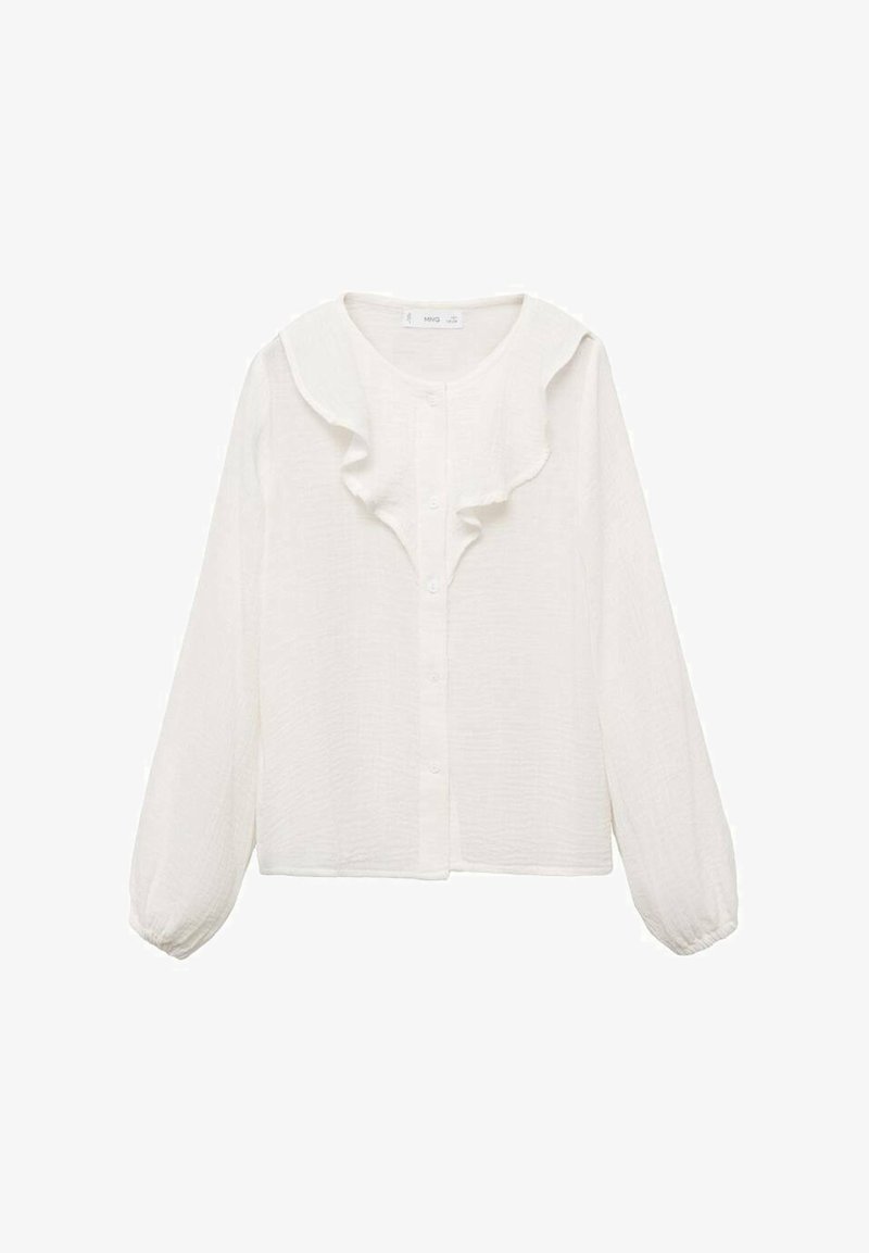 Weiße Bluse mit langen Ärmeln, Knopfleiste und Rüschendetail am Kragen, aus leichtem, strukturiertem Stoff.