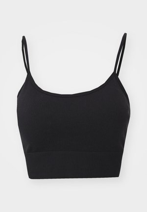 Juodas raukšlėtas trumpas topas su plonomis reguliuojamomis petnešomis ir prigludusia juosta. Pabrėžia lygią tekstūrą ir paprastą, modernų dizainą.