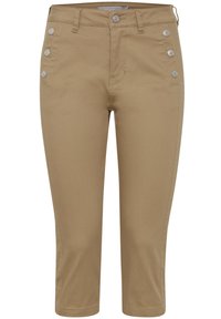 Khaki capri kalhoty vyrobené z hladké tkaniny, s přiléhavým střihem, třemi ozdobnými stříbrnými knoflíky na každé straně a čistým zakončením.