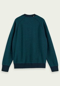 Sudadera de color teal oscuro con un acabado texturizado, mangas raglán y puños y cuello de canalé en azul marino. Diseño simple, sin patrones ni acentos visibles.