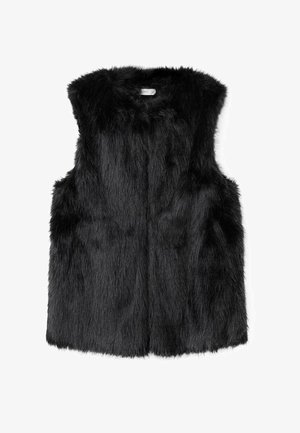 Gilet in faux fur nero con collo alto, design senza maniche e una superficie morbida e testurizzata. Presenta una chiusura anteriore e cuciture verticali.