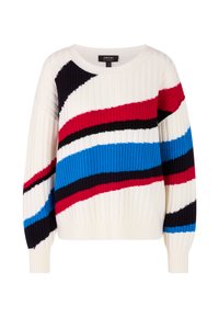 Rippstrickpullover in Creme mit mehrfarbigen Streifen in Rot, Blau, Schwarz und Dunkelviolett. Verfügt über lange Ärmel und einen runden Halsauschnitt.