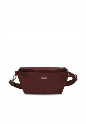 Marsupio in tessuto bordeaux con chiusura a zip, tracolla regolabile, tiretti metallici e logo "zwei" sul davanti al centro.