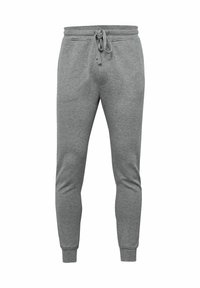 Grå sweatpants lavet af blødt stof, med en snor i taljen, tapered ben og ribbede manchetter ved anklerne.