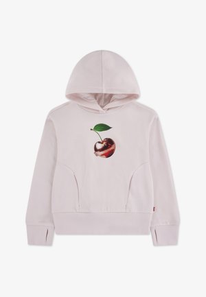 Sweat à capuche rose en tissu doux, avec un graphique central représentant une cerise boule disco brillante avec une feuille verte. Modèle avec poche kangourou.