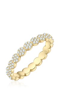 Zlat prstan z vzorcem obrob, okrašen z okroglimi, prozornimi kamni, enakomerno razporejenimi po obroči, z gladko in polirano površino.