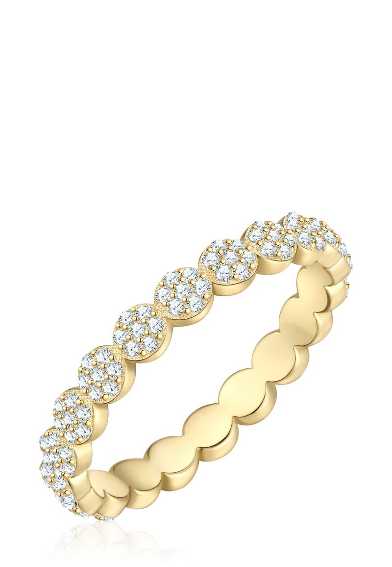 Zlat prstan z vzorcem obrob, okrašen z okroglimi, prozornimi kamni, enakomerno razporejenimi po obroči, z gladko in polirano površino.