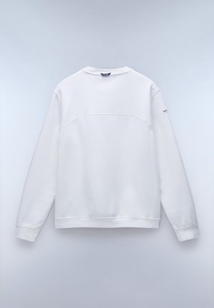 Hvid sweatshirt med lange ærmer, rund halsudskæring og tekstileret stof. Har en sømdetalje på ryggen og logo på ærmet.