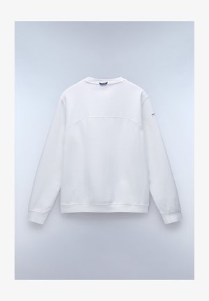 White sweatshirt with long sleeves, rounded neckline, and textured fabric. Features a seam detail across the back and logo on the sleeve.
