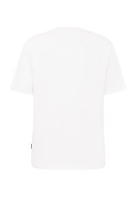Weißes Baumwoll-T-Shirt mit Rundhalsausschnitt, kurzen Ärmeln und geradem Saum. Verfügt über ein Etikett auf der linken Seite in der Nähe des Saums.