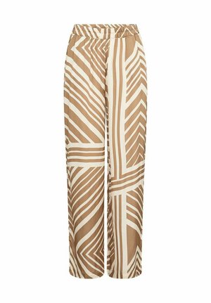 Pantaloni a gamba larga in tessuto beige e crema con un motivo geometrico caratterizzato da strisce audaci. Vita elasticizzata per il massimo comfort. Texture liscia.