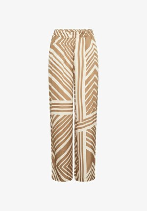 Hlače širokih nogavica u bež i krem tkanini s geometrijskim uzorkom i hrabrim prugama. Elastična traka oko struka za udobnost. Glatka tekstura.