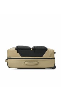 Valigia rigida di colore beige con parte superiore nera, doppia zip, ruote integrate e maniglia frontale per un facile trasporto.