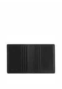 Black leather wallet with a smooth texture, featuring multiple card slots and a simple design. Stamped logo in the lower left corner.