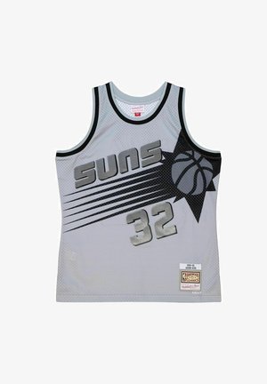 Maglia da basket grigia con rifiniture nere, scritta "SUNS", numero 32 e grafica di un pallone da basket davanti, 1999-00 Jason Kidd Hardwood Classics.