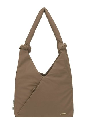 Sac à bandoulière en tissu marron doux avec des nœuds rembourrés sur la poignée, une poche zippée diagonale et un petit logo « LASSIG » en bas à droite.