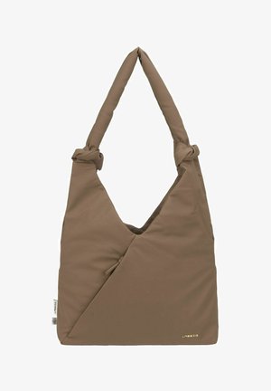 Sac à bandoulière en tissu marron doux avec des nœuds rembourrés sur la poignée, une poche zippée diagonale et un petit logo « LASSIG » en bas à droite.