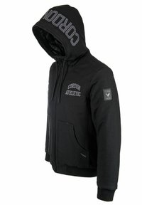 Schwarze Kapuzenjacke mit Reißverschluss, vorderen Taschen und "Cordon Athletic"-Logo. Der Stoff ist strukturiert mit gerippten Bündchen und Saum. Mit einer Markenpatch akzentuiert.