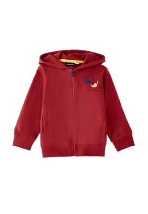 Czerwona bluza z kapturem na zamek błyskawiczny, z dwoma przednimi kieszeniami, ściągaczami na rękawach i napisem „let's fiesta!” oraz grafiką papryczki chili na piersi.