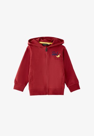 Sudadera roja con capucha y cremallera, con dos bolsillos delanteros, puños acanalados y texto "¡vamos a la fiesta!" acompañado de un gráfico de un chile en el pecho.