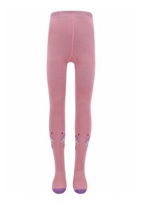 Różowe rajstopy z nadrukiem jednorożców z przodu, z fioletowymi akcentami na palcach i w pasie. Wykonane z gładkiego, elastycznego materiału.