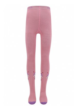 Rosa Strumpfhosen mit Einhornmotiven auf der Vorderseite, versehen mit lila Akzenten an den Zehen und am Bund. Hergestellt aus einem glatten, dehnbaren Material.