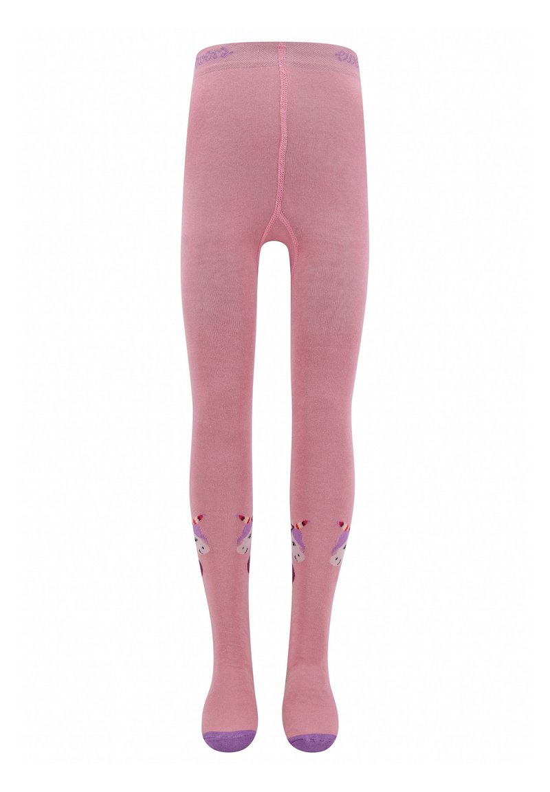 Różowe rajstopy z nadrukiem jednorożców z przodu, z fioletowymi akcentami na palcach i w pasie. Wykonane z gładkiego, elastycznego materiału.