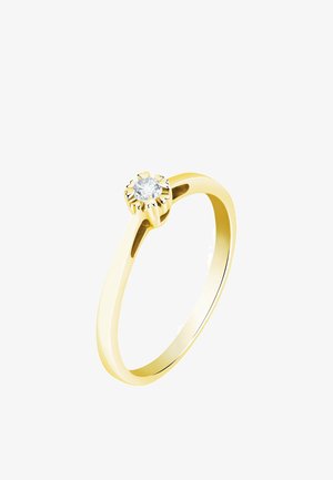 Goldring mit einem einzelnen runden Diamanten, gehalten von einer sechs-krallen blütenförmigen Fassung auf einem einfachen polierten Band.