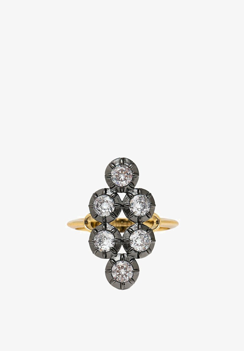 Gold ring featuring a clustered design with six round diamonds set in black metal. Smooth band with a polished finish.