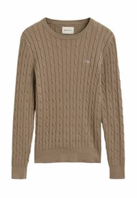Beige kabelbrei sweater met een ronde halslijn, lange mouwen en een klein logo op de borst. Gemaakt van een zachte, gestructureerde stof.