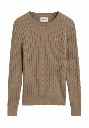 Beige Strickpullover mit rundem Ausschnitt, langen Ärmeln und kleinem Logo auf der Brust. Hergestellt aus weichem, strukturiertem Material.