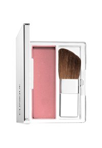 Compact blush in a clear case, featuring a pink powder in a square pan and a small brush with a brown bristle head.