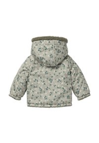 Vadderad jacka i ljusgrått med blommönster i grönt och vitt. Har en pälsfodrad huva och elastiska ärmslut för extra värme.