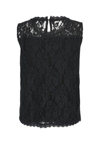Haut en dentelle noire avec un ourlet à festons et une ouverture en forme de goutte au dos. Le tissu présente un motif floral et n'a pas de manches.