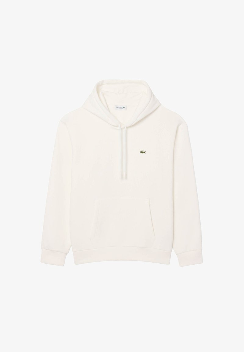 Sweat à capuche blanc avec poche avant et petit logo crocodile vert sur la poitrine gauche, avec cordon de serrage à la capuche et poignets en côte.