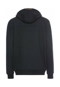 Schwarzer Hoodie aus weichem Material, mit einer Kordelzugkapuze, gerippten Bündchen und einem dezenten Nahtdesign im oberen Rückenbereich.
