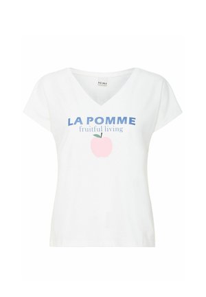 Witte katoenen T-shirt met V-hals, korte mouwen en grafische print met "LA POMME" en een roze appelontwerp.