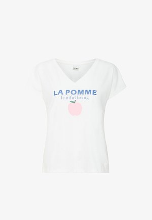 Witte katoenen T-shirt met V-hals, korte mouwen en grafische print met "LA POMME" en een roze appelontwerp.