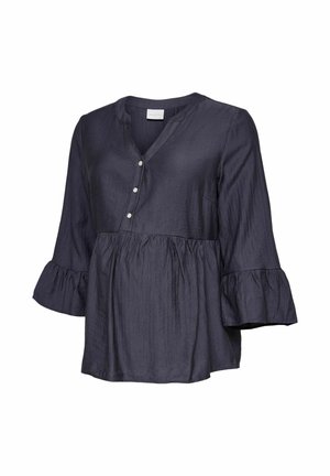 Mørkeblå bluse med 3/4 klokkeærmer, V-hals, tre knapper foran og detaljer med rynket talje.