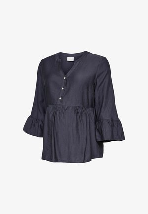 Donkerblauwe blouse met 3/4 klokmouwen, V-hals, drie knopen aan de voorkant en een geplooid tailledetail.