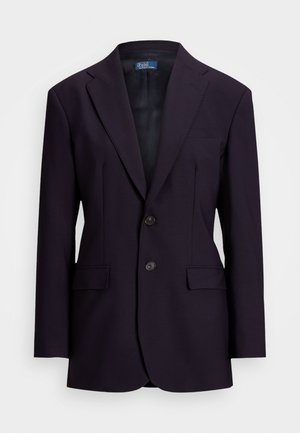 Donkerblauwe blazer gemaakt van textuurstof, met een enkelvoudige sluiting, notched revers, twee vo Taschen en een sluiting met twee knopen.
