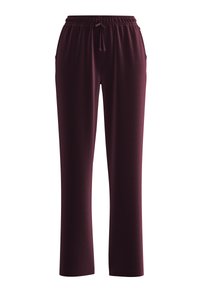 Bordeaux fleece jogpants met elastische tailleband en zijzakken, rechte pijpen, weergegeven op een witte achtergrond.