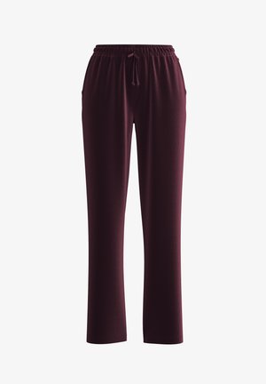 Pantaloni in pile bordeaux con coulisse in vita elastica e tasche laterali, taglio dritto, mostrati su sfondo bianco.