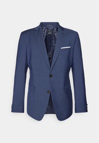 Marineblaues Blazer mit strukturiertem Design, zwei Knöpfen, eingekerbten Revers und einer Brusttasche mit weißen Akzenten. Texturierte Stoffoberfläche.