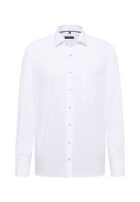 Camicia bianca a maniche lunghe con colletto a bottoni, tasca frontale e dettagli in bottoni lucidi. Realizzata in un tessuto morbido e leggero.