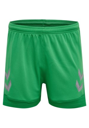 Grønne atletikshorts lavet af åndbart stof, med en struktureret overflade og grå chevron-detaljer på siderne. Elastisk talje.