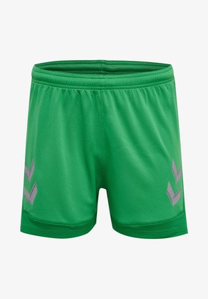 Grønne atletikshorts lavet af åndbart stof, med en struktureret overflade og grå chevron-detaljer på siderne. Elastisk talje.