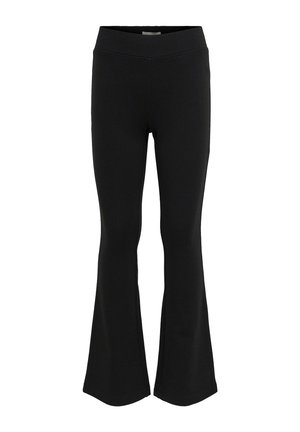 Black flared pants made from a smooth, stretchy fabric. Features a wide waistband and a fitted leg that flares at the hem.