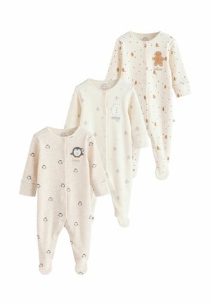 Drei Babykombis in Creme und Beige. Zu den Merkmalen gehören Drucke von Pinguinen und Schneemännern, Lebkuchenverzierungen und Druckknopfverschlüsse.
